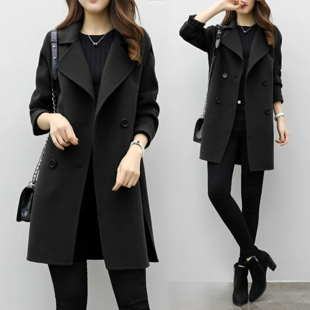 Coat Women Autumn Winter Jackets Solid Color Lapel Double-breasted Woolen Midi Trench Coat Loose Long Sleeve Jacket Warm Keeping