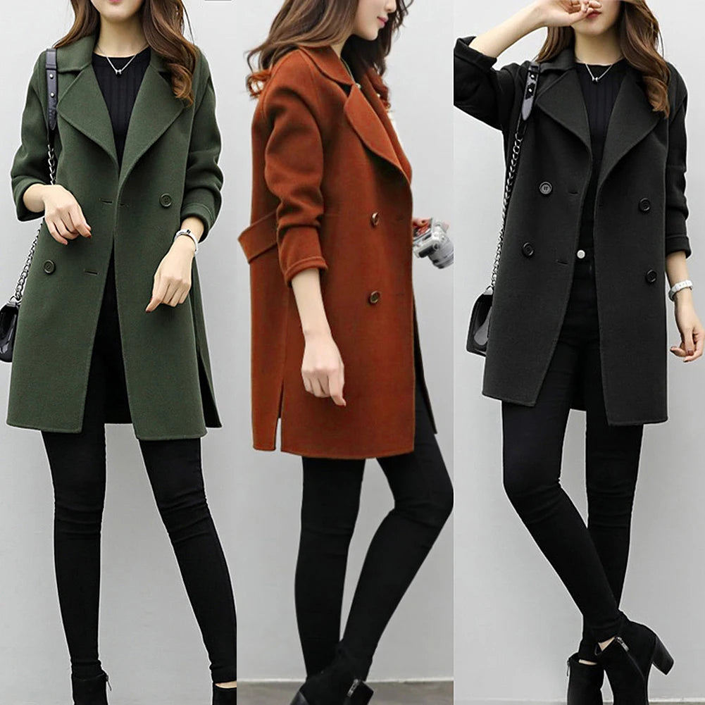 Coat Women Autumn Winter Jackets Solid Color Lapel Double-breasted Woolen Midi Trench Coat Loose Long Sleeve Jacket Warm Keeping