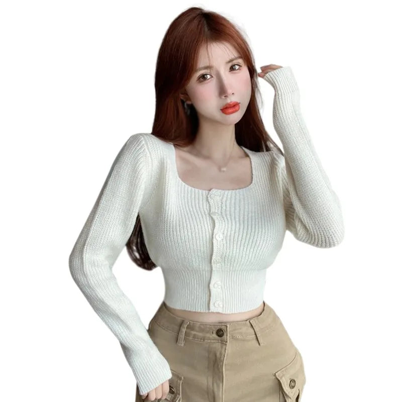 Women's Thin Square Neck Button Long Sleeve Cardigan Solid Color Knit Short Tops Single Breasted Air Conditioner Shirt