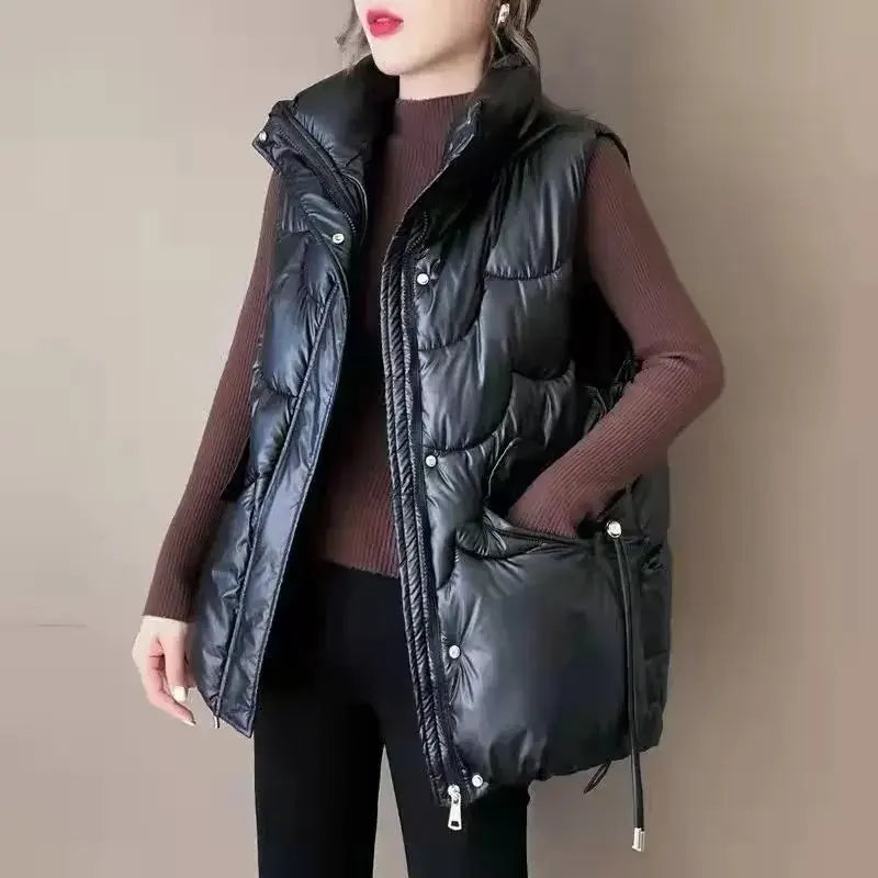 2024 New Women's Autumn/winter Down Cotton Vest Cropped Stand Collar Petite Outer Wear Sleeveless Shoulder Vest Jacket Trendy