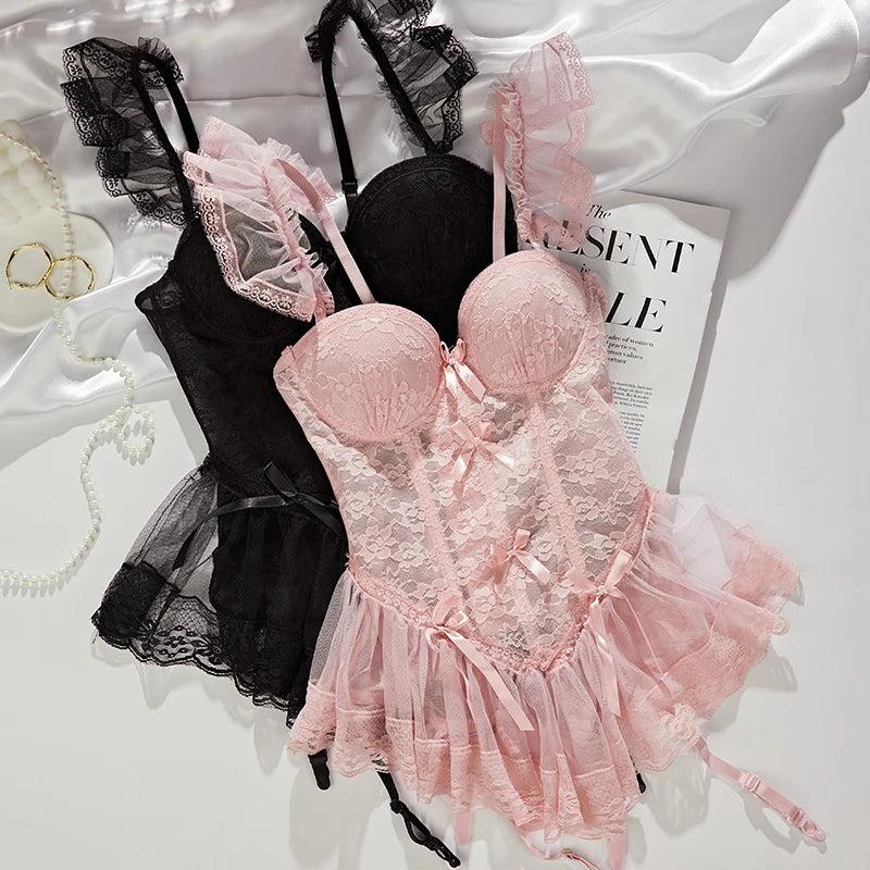 Erotic Bra and Panty Set Sexy Lingerie Passion Bralette Charm Small Breasts Show Big Gathering Uniform Temptation Underwear Set