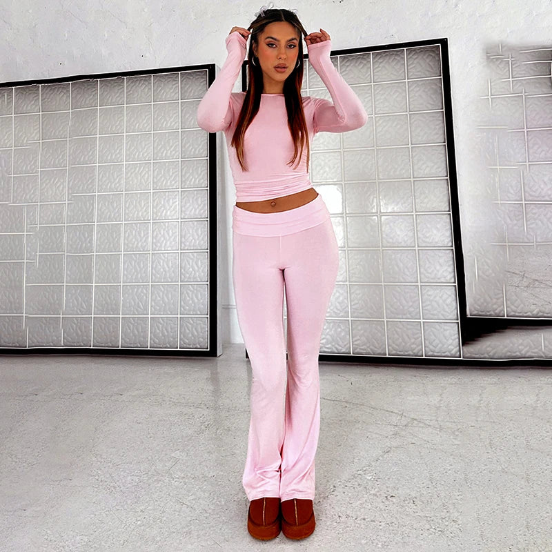 CUTENOVA Women'S Spring Casual 2 Piece Outfits Long Sleeve Crew Neck Crop Tops And Low Waist Flare Long Pants Lounge Sets Tracks