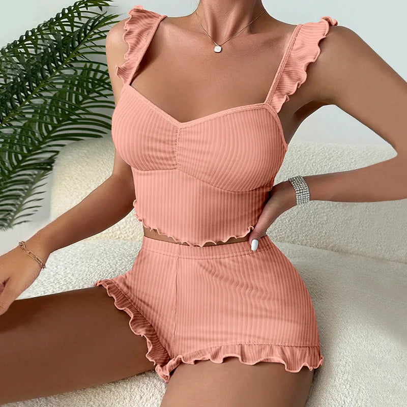 2024 Sexy Ppajama Set for Women Small Fly Sleeve Straps and Ruffled Shorts Sleepwear Girls Bra Lingerie Outdoor Wear Loungewear