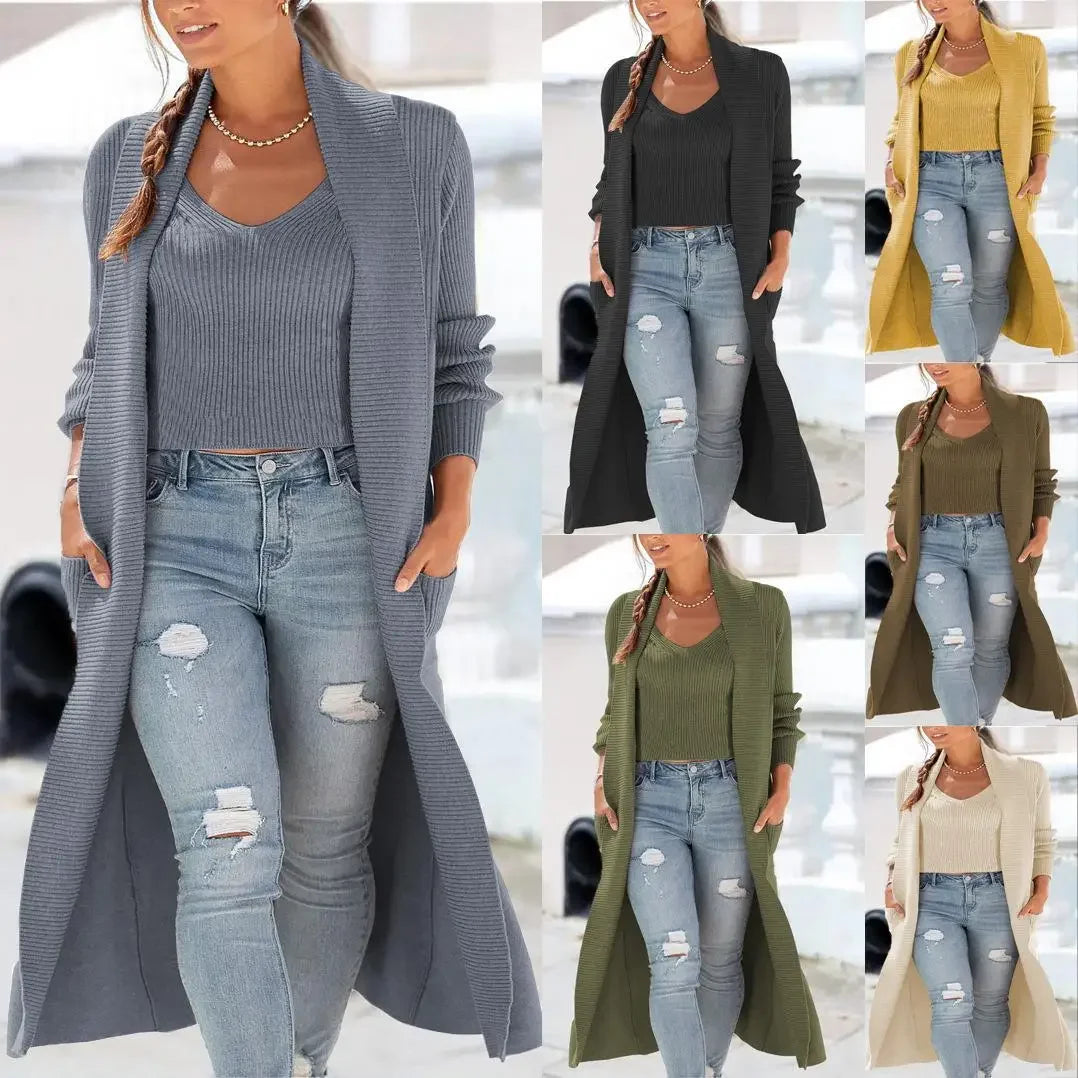 Autumn/winter Knitted Loose-fit Solid Color Sweater Vest Set Trench Coat 2-piece Set Casual Elegant Style Knitwear Suit