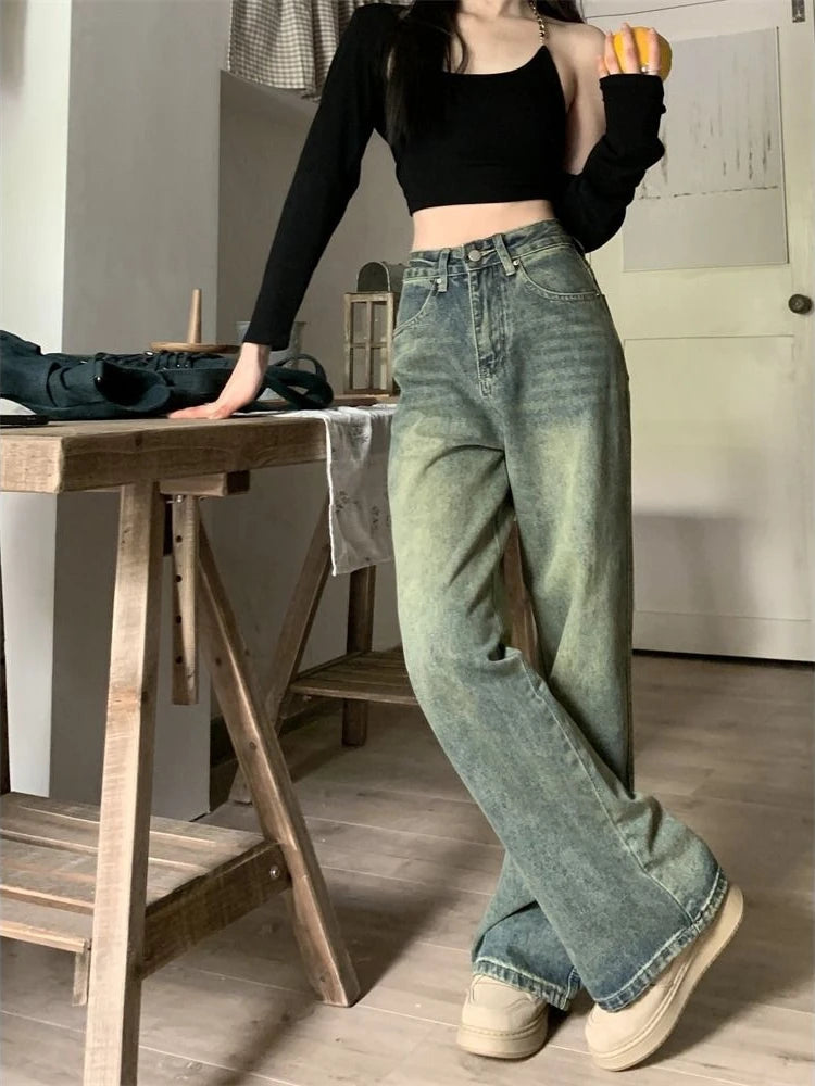 Deeptown Y2k Baggy Wide Leg Jeans Women Vintage Streetwear Washed Denim Pants Grunge Basic Slouchy Blue Trousers Femme Spring