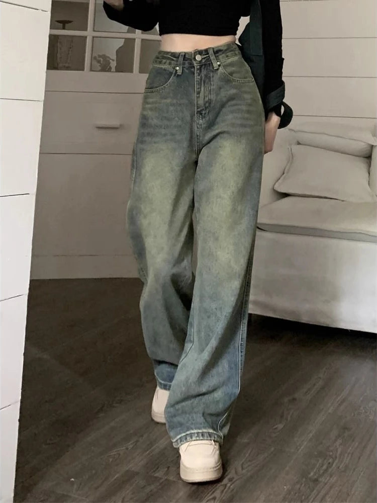 Deeptown Y2k Baggy Wide Leg Jeans Women Vintage Streetwear Washed Denim Pants Grunge Basic Slouchy Blue Trousers Femme Spring
