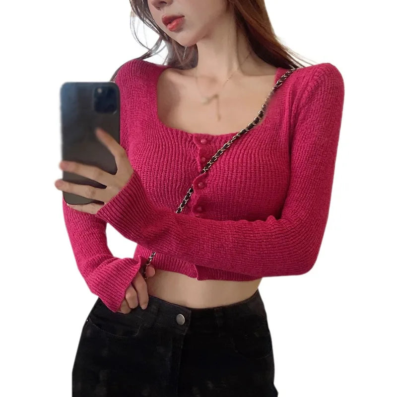 Women's Thin Square Neck Button Long Sleeve Cardigan Solid Color Knit Short Tops Single Breasted Air Conditioner Shirt