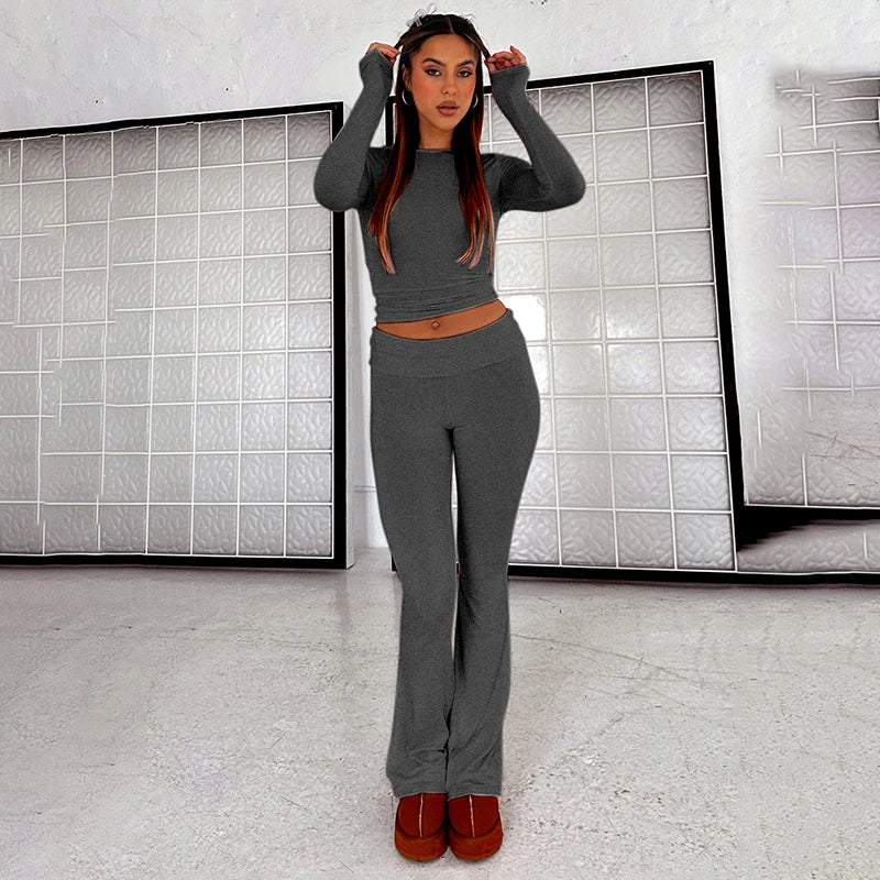 CUTENOVA Women'S Spring Casual 2 Piece Outfits Long Sleeve Crew Neck Crop Tops And Low Waist Flare Long Pants Lounge Sets Tracks