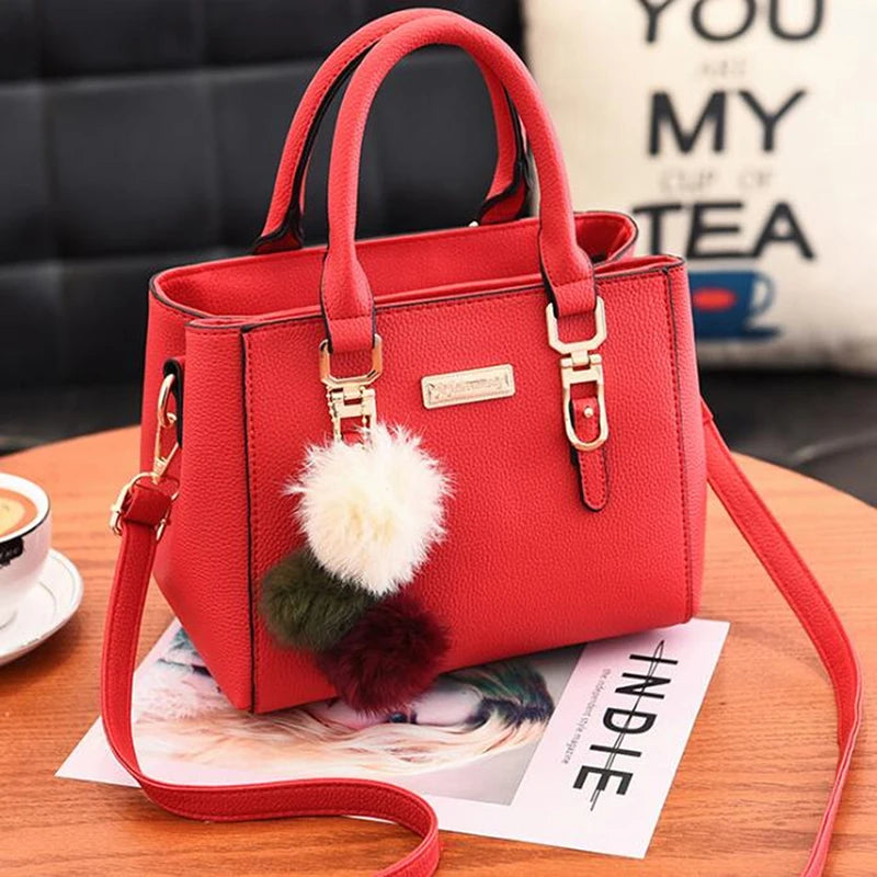 2023 New Women Furry Ball Multifunction Pu Leather Waterproof Handbag Simple Women's Large Capacity Diagonal Bag
