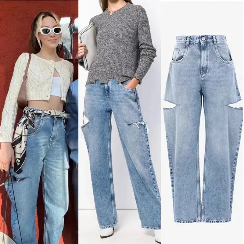 2024 Spring New Retro High Waist Jeans for Women's Casual Straight leg Jeans Korean Edition distressed loose and versatile jeans