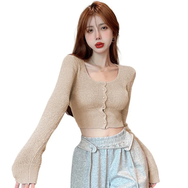 Women's Thin Square Neck Button Long Sleeve Cardigan Solid Color Knit Short Tops Single Breasted Air Conditioner Shirt