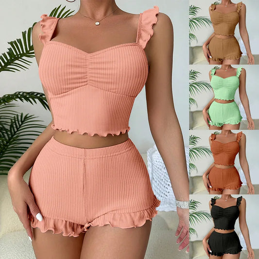 2024 Sexy Ppajama Set for Women Small Fly Sleeve Straps and Ruffled Shorts Sleepwear Girls Bra Lingerie Outdoor Wear Loungewear