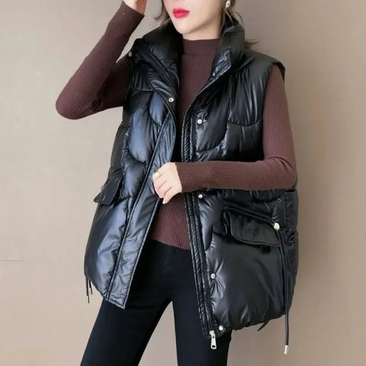 2024 New Women's Autumn/winter Down Cotton Vest Cropped Stand Collar Petite Outer Wear Sleeveless Shoulder Vest Jacket Trendy