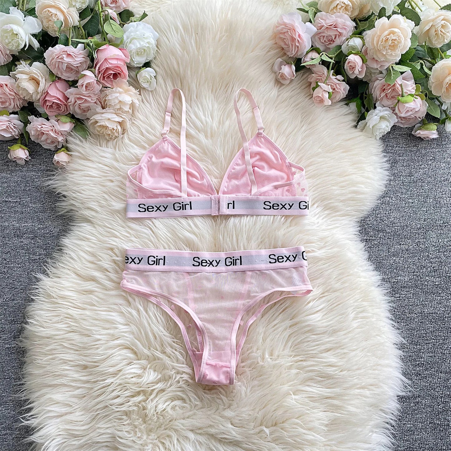 Women's pure girl cute mesh splicing love polka dot triangle cup letters printed lotus root color underwear set