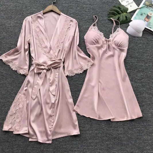 2 Pcs/Set Women Pajama Set Patchwork Bow Decor Lace Trim Nightgown Solid Color Silky Long Sleeve Sleeveless Split Nightdress Set