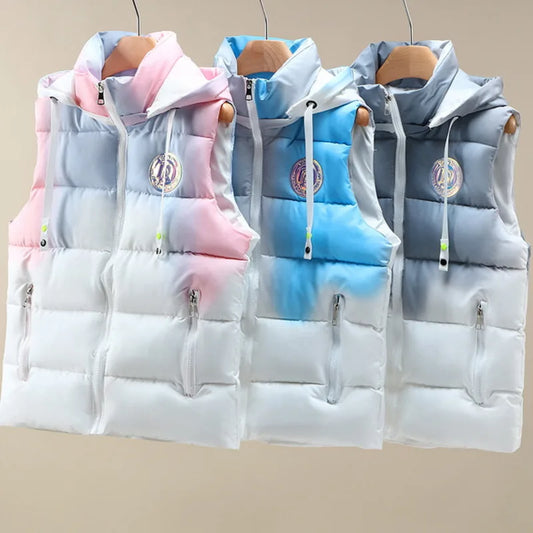 #3663 Tie Dye Hooded Sleeveless Jacket Women Zipper Sim Fit Warm Vest Waistcoat Female Outerwear Veste Unisex Autumn Winter 2023