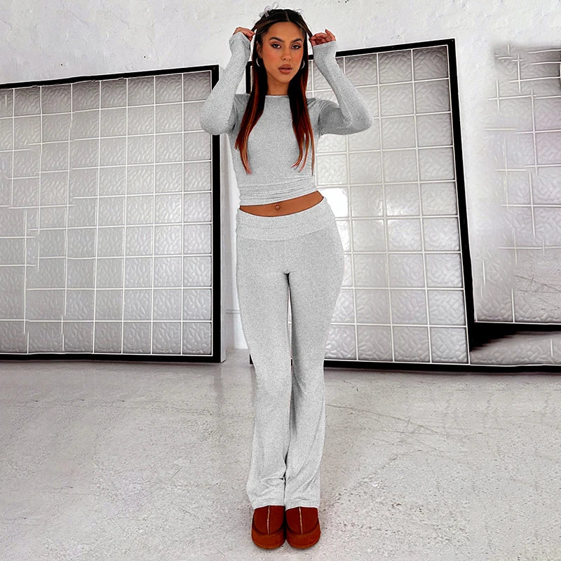 CUTENOVA Women'S Spring Casual 2 Piece Outfits Long Sleeve Crew Neck Crop Tops And Low Waist Flare Long Pants Lounge Sets Tracks